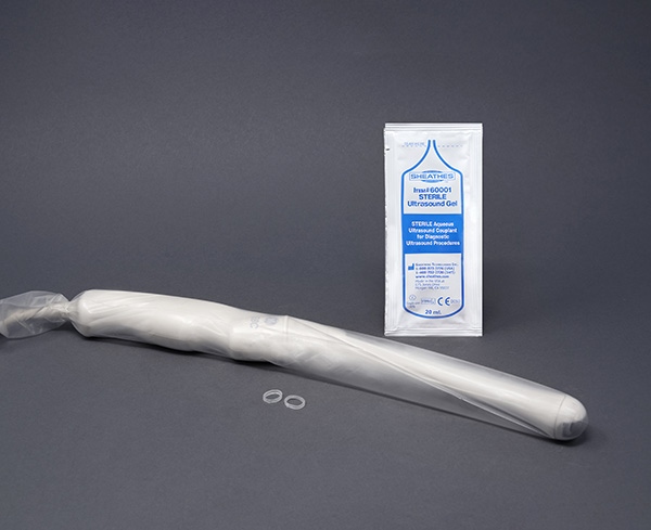 Kit Endocavity Ultrasound Probe Cover Sterile, 1 Latex Free 3' Flat Tappered to 1'Dx24'L, Ultrasound Probe Cover, 1-20ml packet Sterile Conductivity Gel, 1-5/16' Clear Non-Latex Elastic, 1-5/8' Green Non-Latex Elastic, by Sheathing Technologies, Inc.  ID 